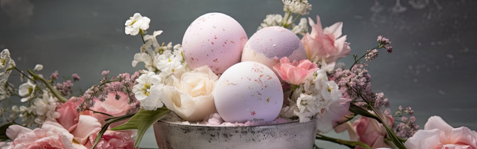 A range of colourful bath bombs surrounded by various flowers in cream and pastel pinks and purples